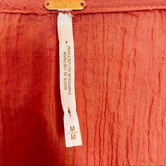 Free People Terra Cotta Maria Maria Top Ribbon Tie Gathered Waist Embroidery M - Picture 11 of 15
